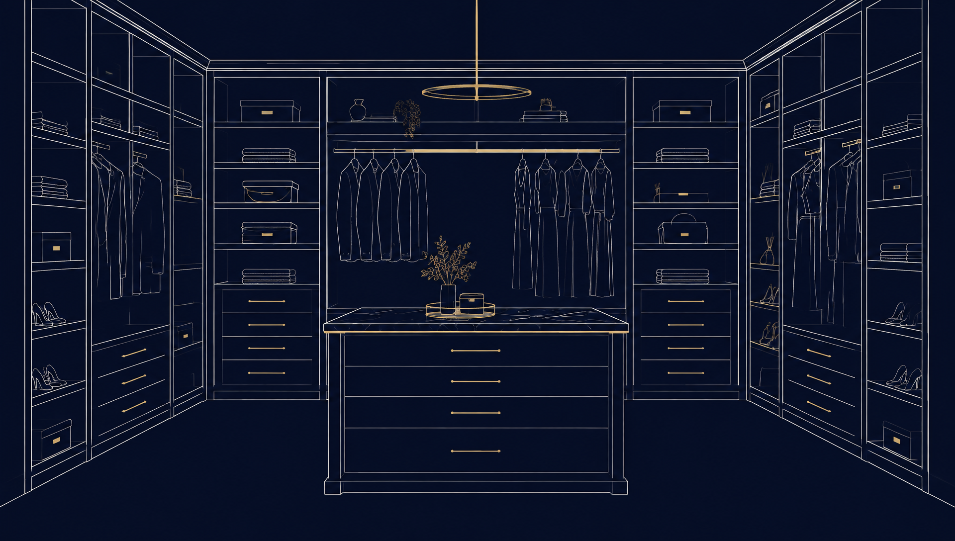 Custom walk-in closet with navy cabinetry and white oak island